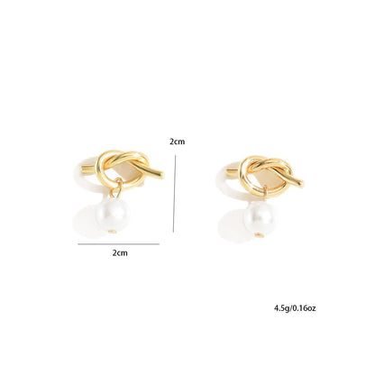 Elegant Gold Knot Stud Earrings With Pearl Drop